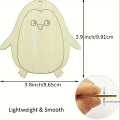 Wooden penguin ornament with measurements and texture details on a white background