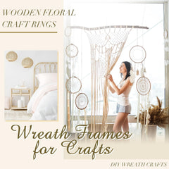 Woman holding a large wooden wreath with decorative elements, surrounded by text about wooden floral craft rings and wreath frames for crafts.