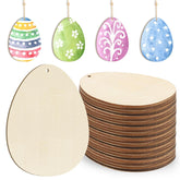 Wooden egg-shaped cutouts with colorful painted examples on a white background