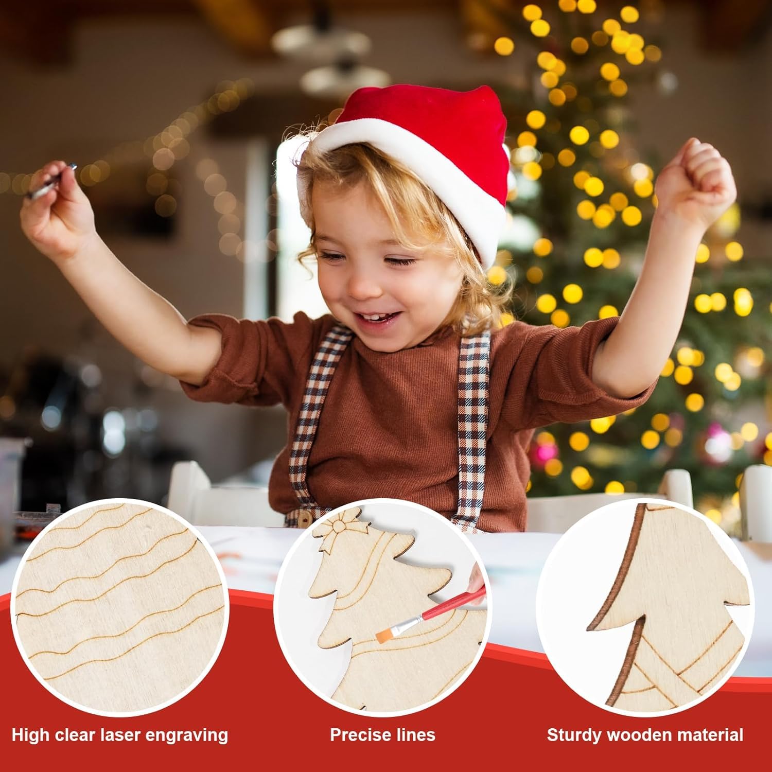 Child wearing a Santa hat with Christmas tree in the background, surrounded by close-up images of wooden ornaments.