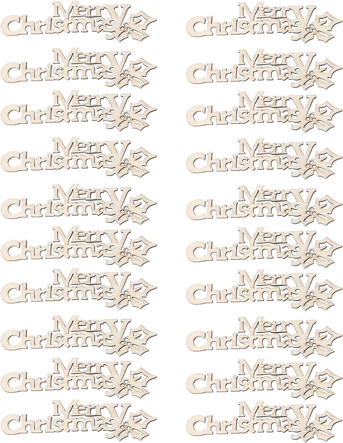 Multiple wooden 'Merry Christmas' decorations with decorative elements on a white background