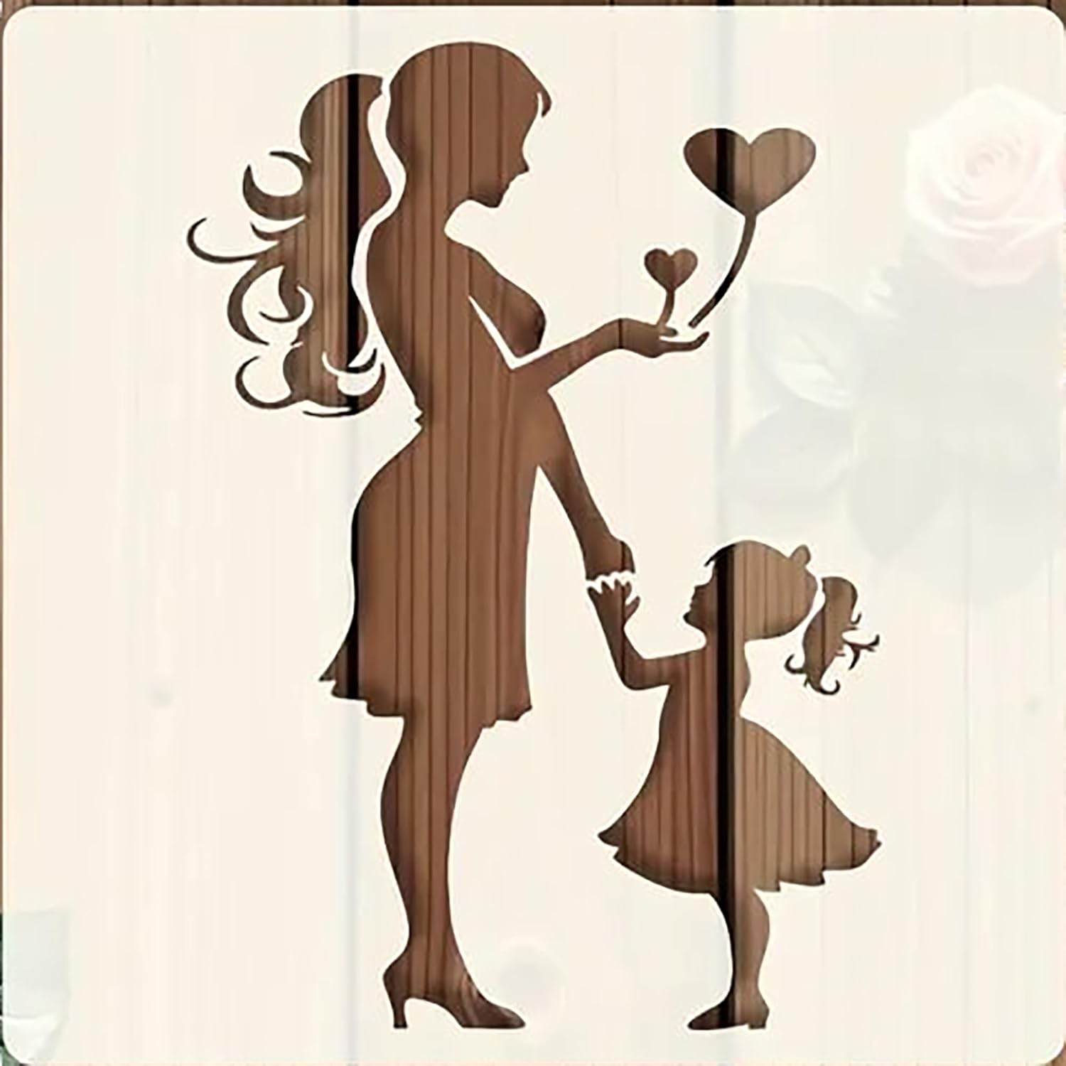 Wooden cutout of a mother and daughter holding hands with heart-shaped balloons on a white background