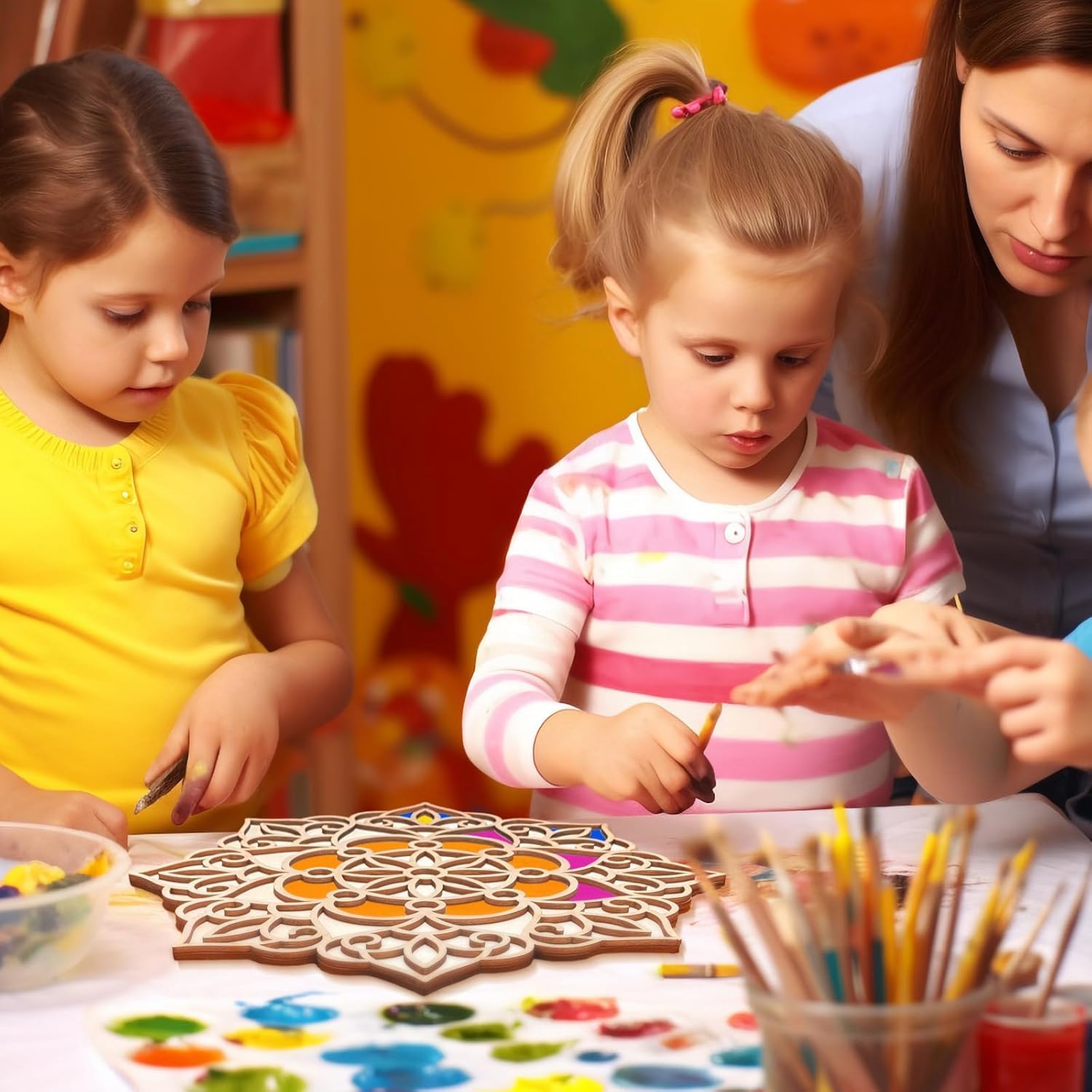 Two children and a woman engaged in an art activity with paint and brushes.