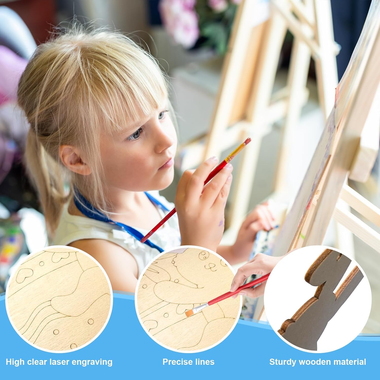 Child painting with a wooden art set, highlighting features like laser engraving and material quality.