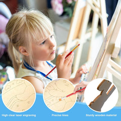 Child painting with a wooden art set, highlighting features like laser engraving and material quality.