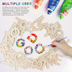 Wooden letters with colorful paint applications and a hand holding a paintbrush on a white background.