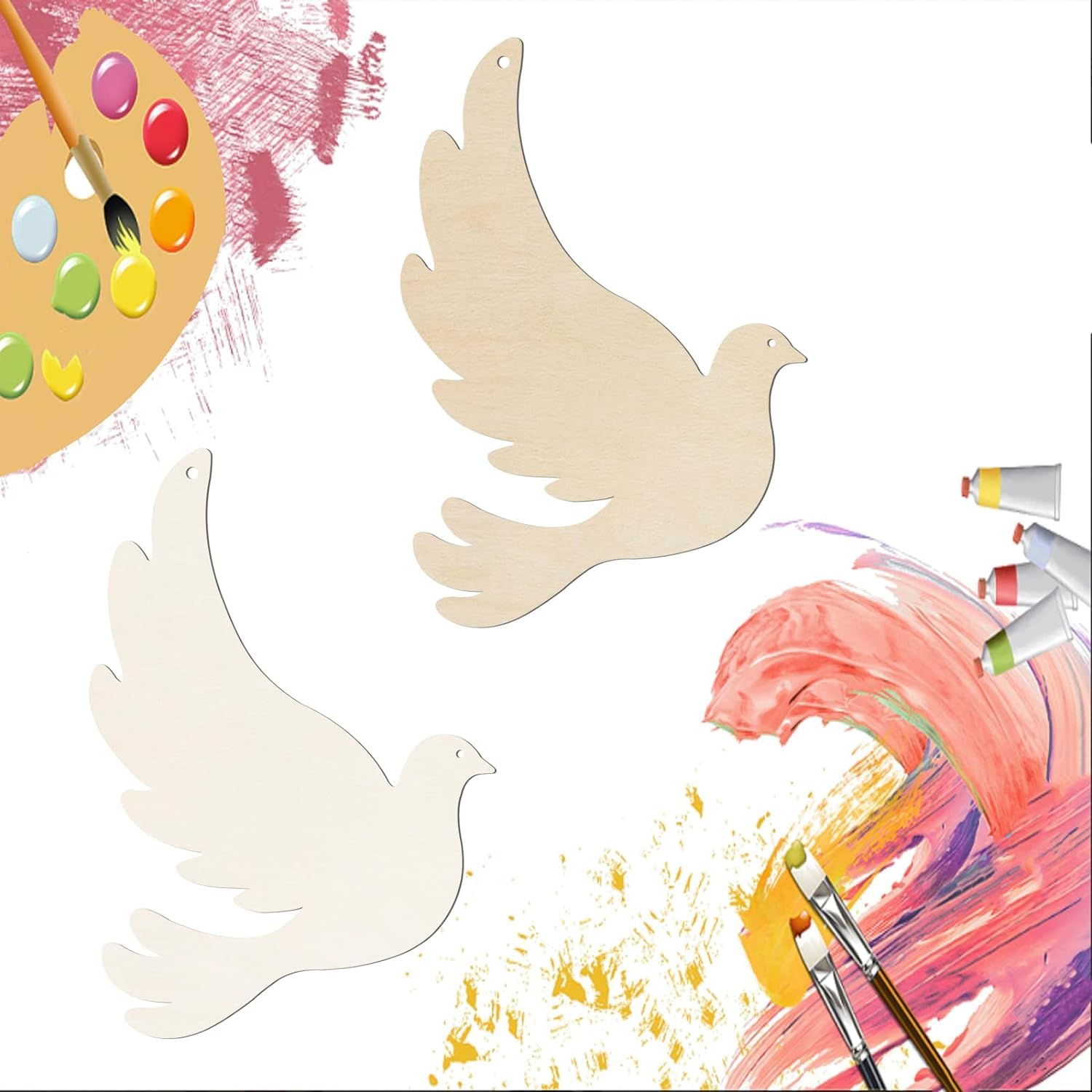 Two wooden dove shapes with paintbrushes and a color palette on a colorful abstract background.