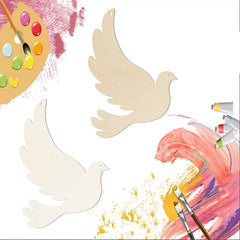 Two wooden dove shapes with paintbrushes and a color palette on a colorful abstract background.