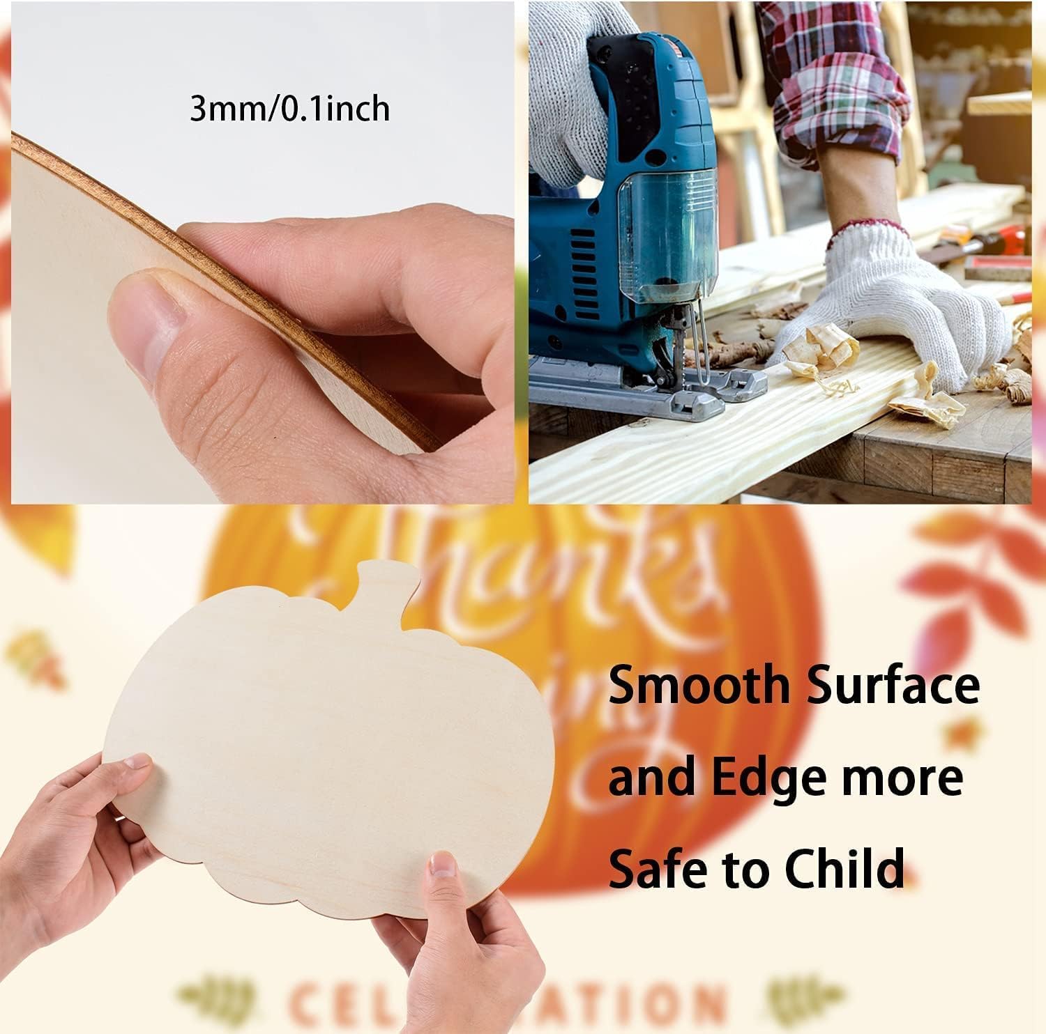 Collage of a person cutting wood, using a jigsaw, and holding a smooth pumpkin-shaped cutout with text about safety.