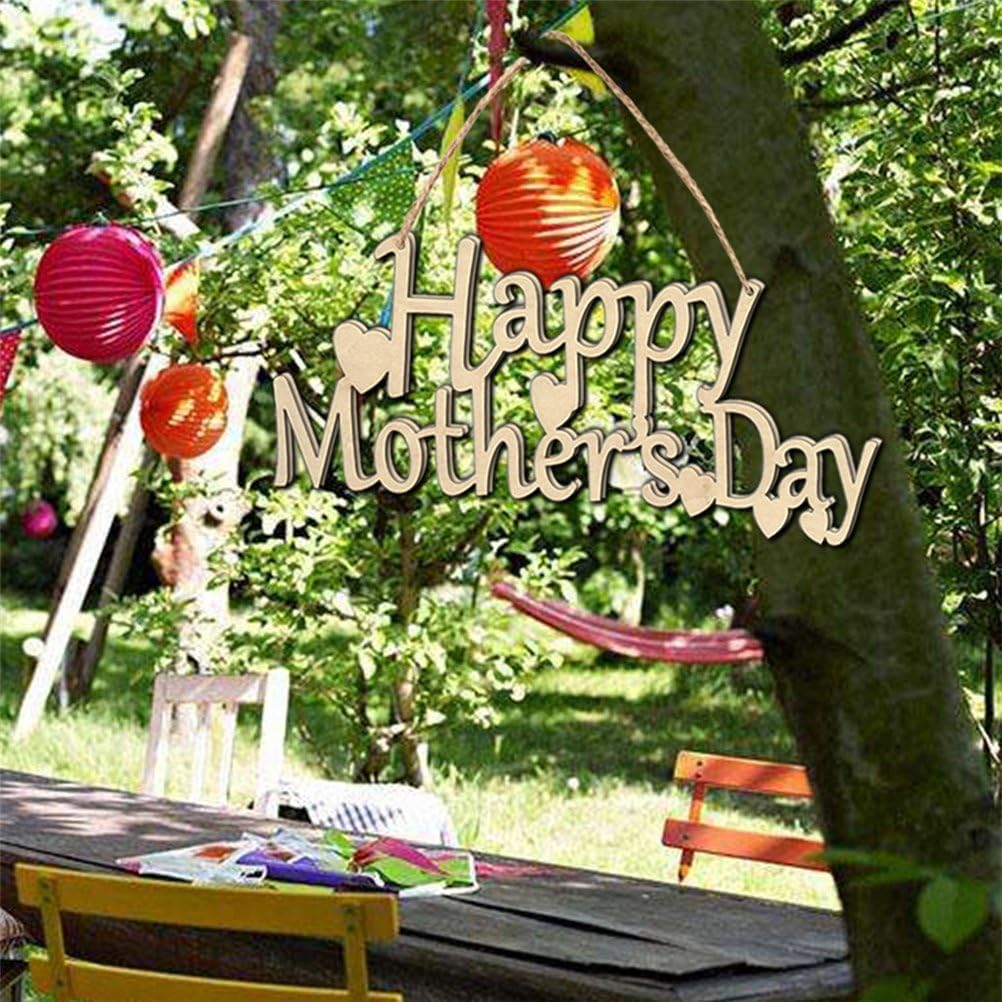 Decorative sign with 'Happy Mother's Day' in a garden setting with colorful lanterns.