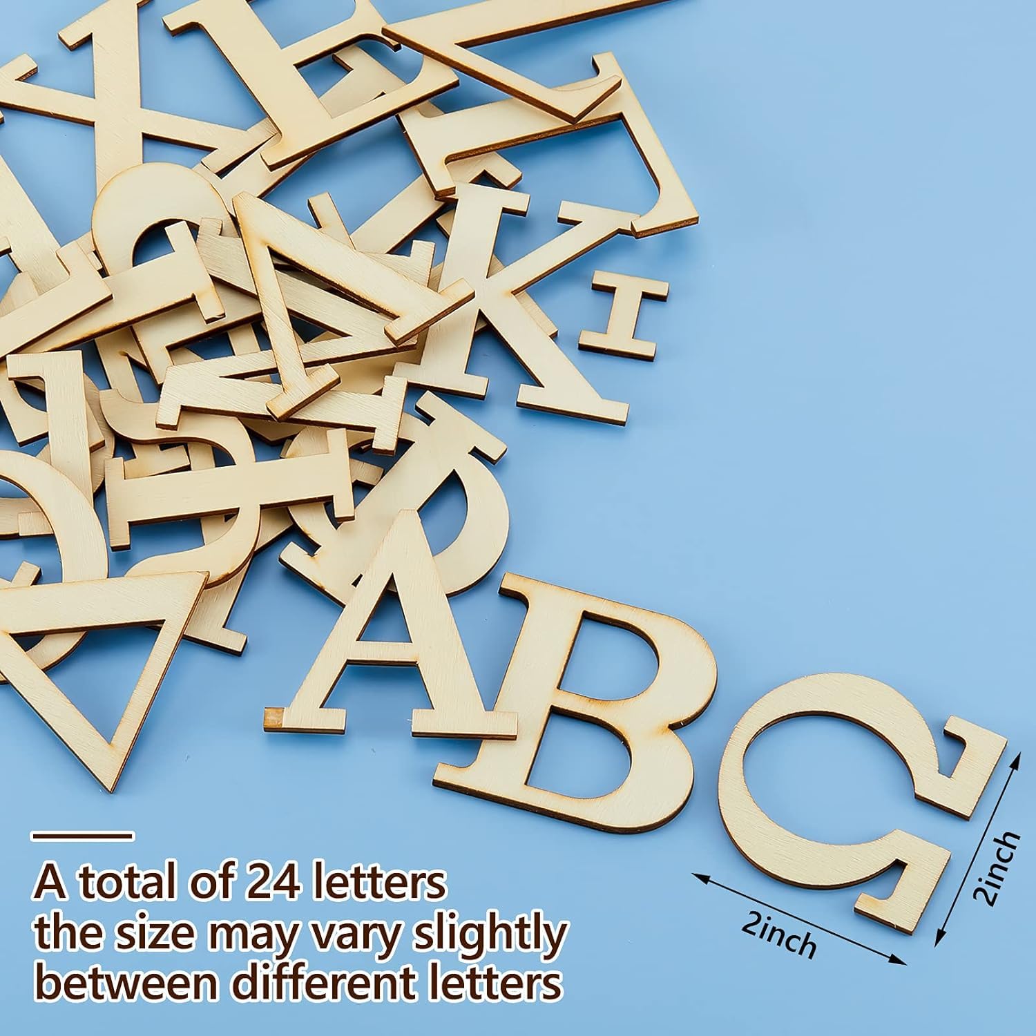 Wooden letters on a blue background with size measurement text.