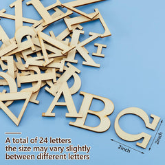 Wooden letters on a blue background with size measurement text.