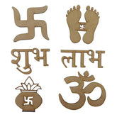 Set of wooden cutouts with symbols and text on a white background