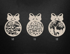 Three Christmas-themed cut-out decorations with bows on a black background