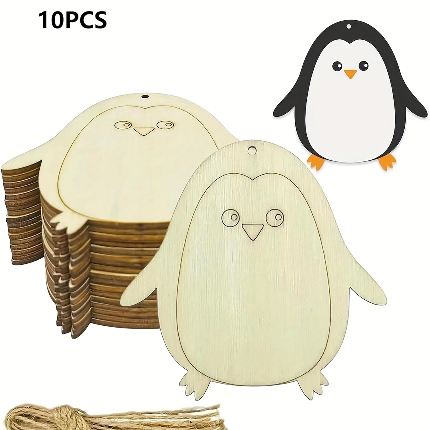 Wooden penguin shapes with string, suitable for crafts or decorations.