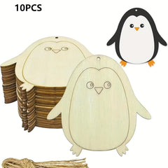 Wooden penguin shapes with string, suitable for crafts or decorations.