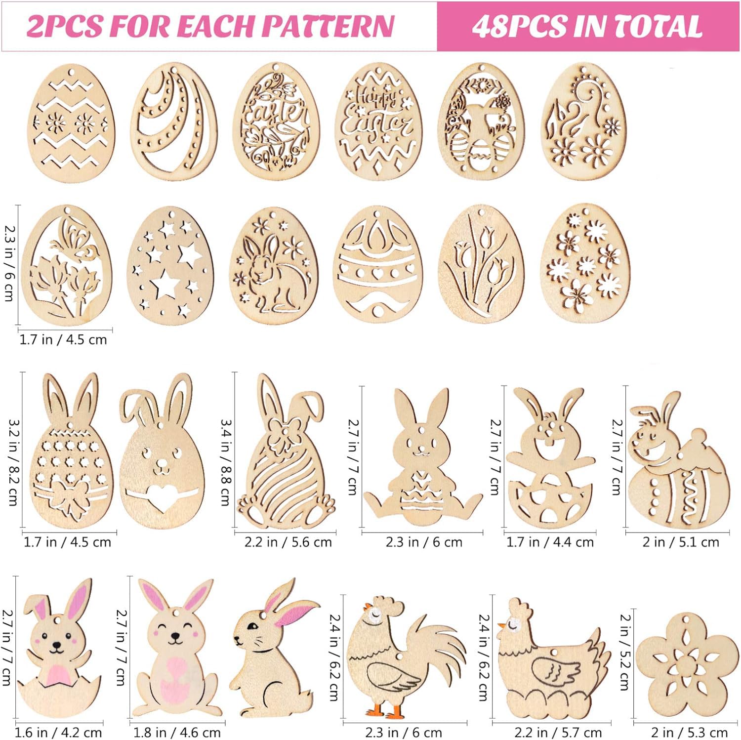 Set of Easter-themed wooden cutouts with various patterns and sizes on a white background.