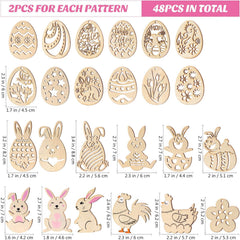 Set of Easter-themed wooden cutouts with various patterns and sizes on a white background.