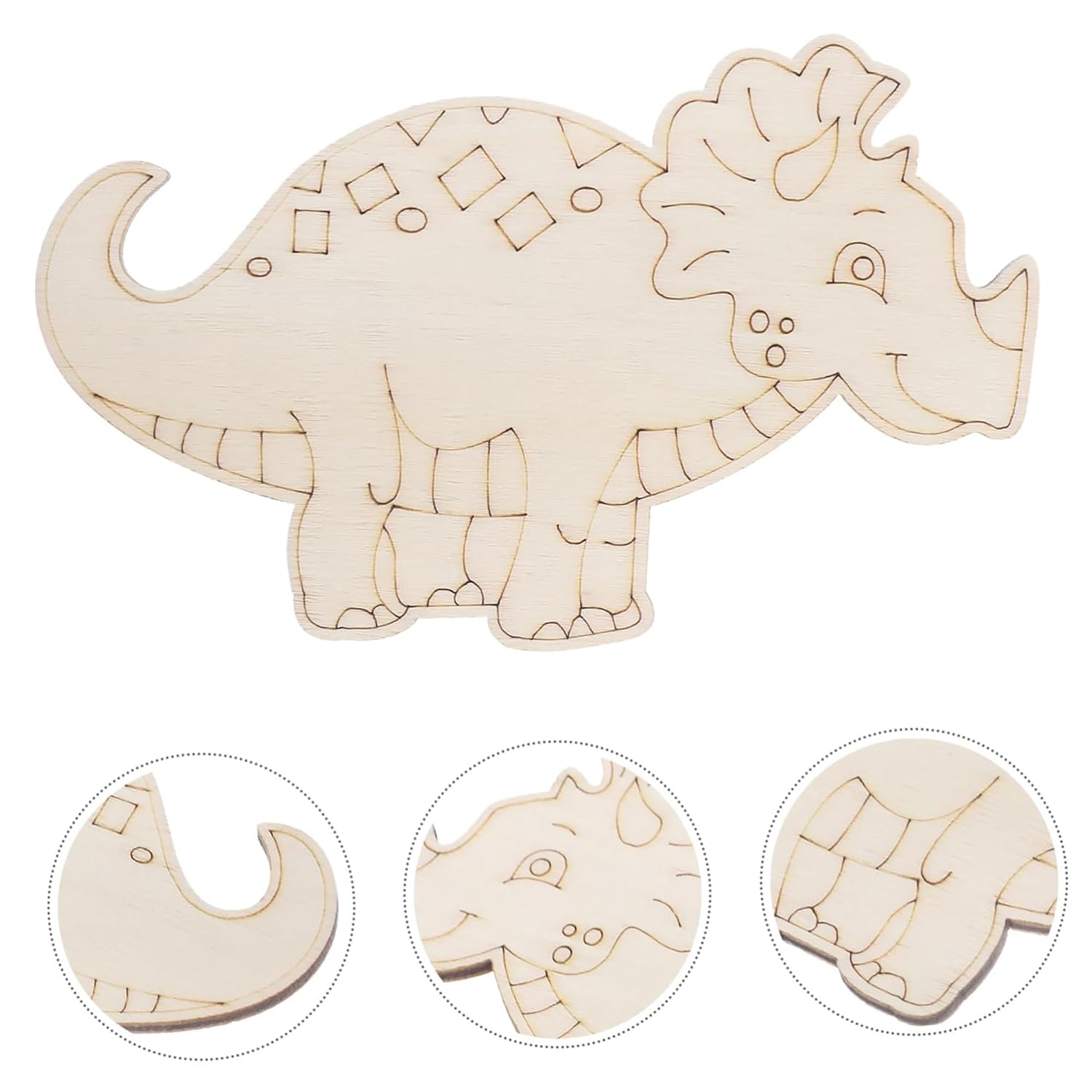 Wooden dinosaur cutout with laser-cut edges on a white background