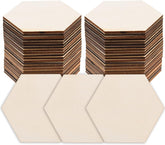 Hexagonal wooden coasters with cream-colored pads on a white background