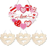 Decorative heart-shaped ornaments with 'love' text on a white background