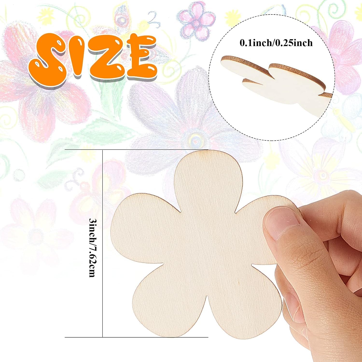 Flower-shaped wooden cutout with measurements and a hand holding it against a floral background