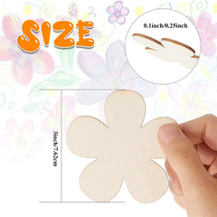 Flower-shaped wooden cutout with measurements and a hand holding it against a floral background