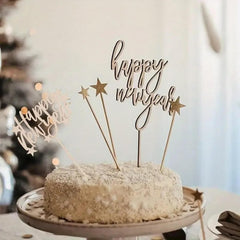 Cliths Pack of 2 Happy New Year Wooden Cake Toppers MDF Party & Home Decor, New Year Gift for Adults
