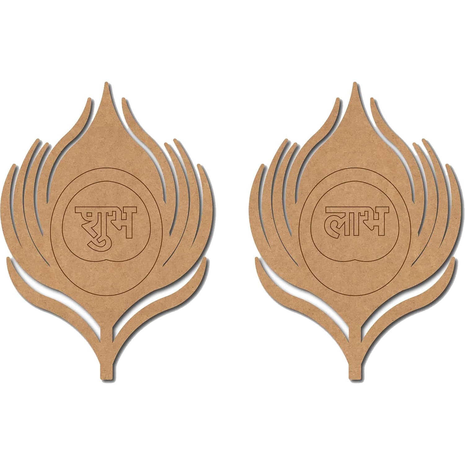 Two brown leaf-shaped earrings with engraved symbols on a white background