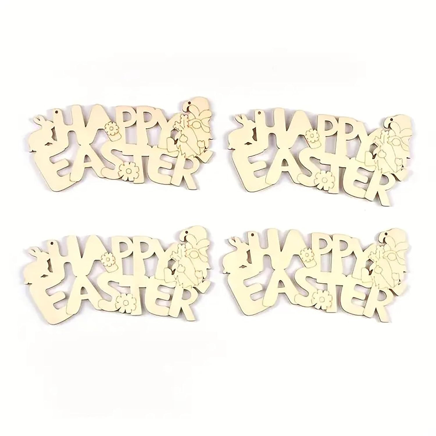 Four wooden 'Happy Easter' decorations on a white background