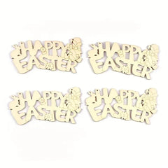 Four wooden 'Happy Easter' decorations on a white background