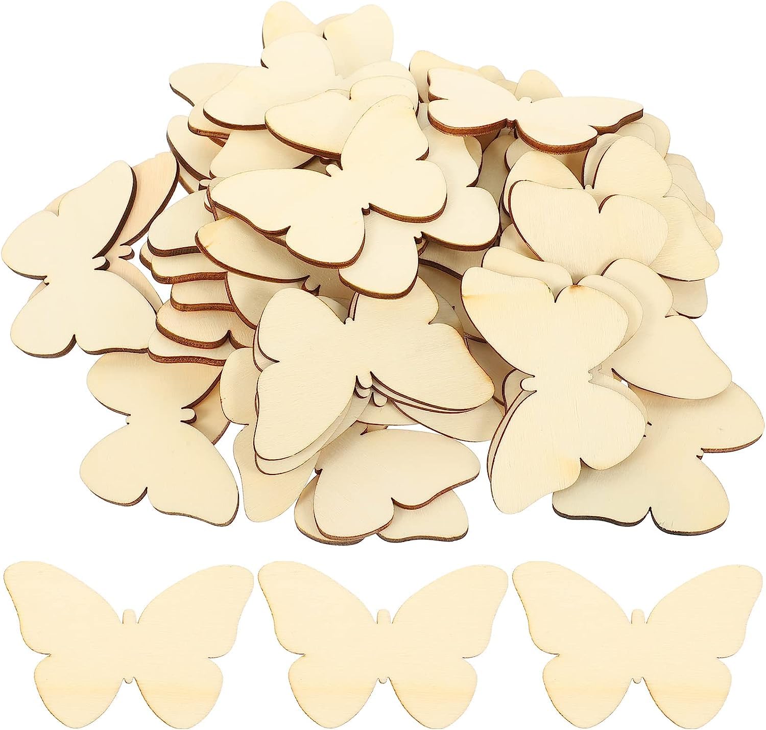 Wooden butterfly shapes on a white background