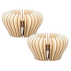 Two wooden lampshades with a unique design on a white background