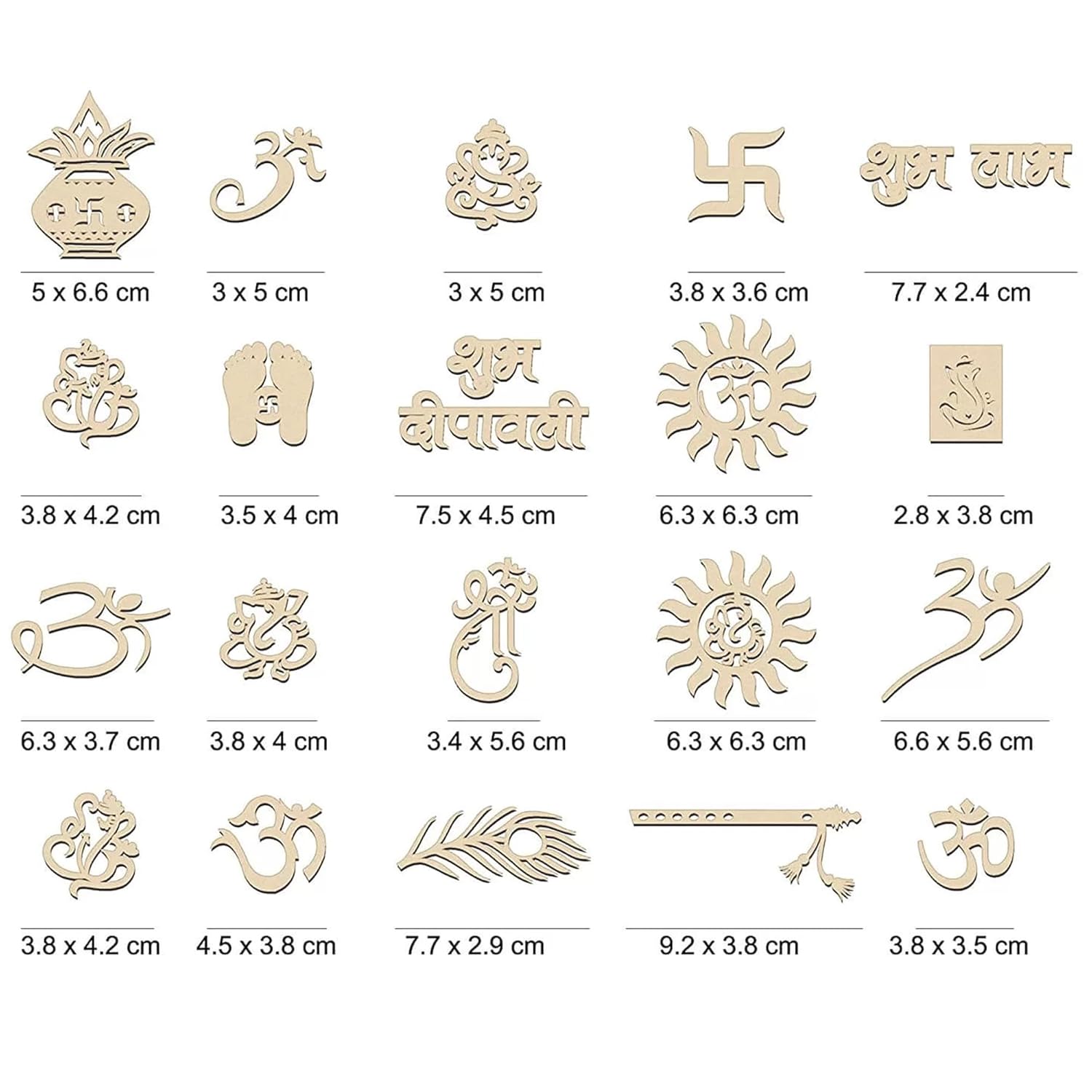 Collection of various wooden cutouts with different designs and sizes on a white background.