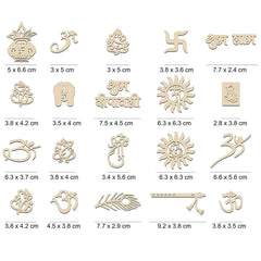 Collection of various wooden cutouts with different designs and sizes on a white background.