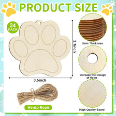 Product size chart for paw-shaped wooden boards with hemp rope, showing dimensions and materials.