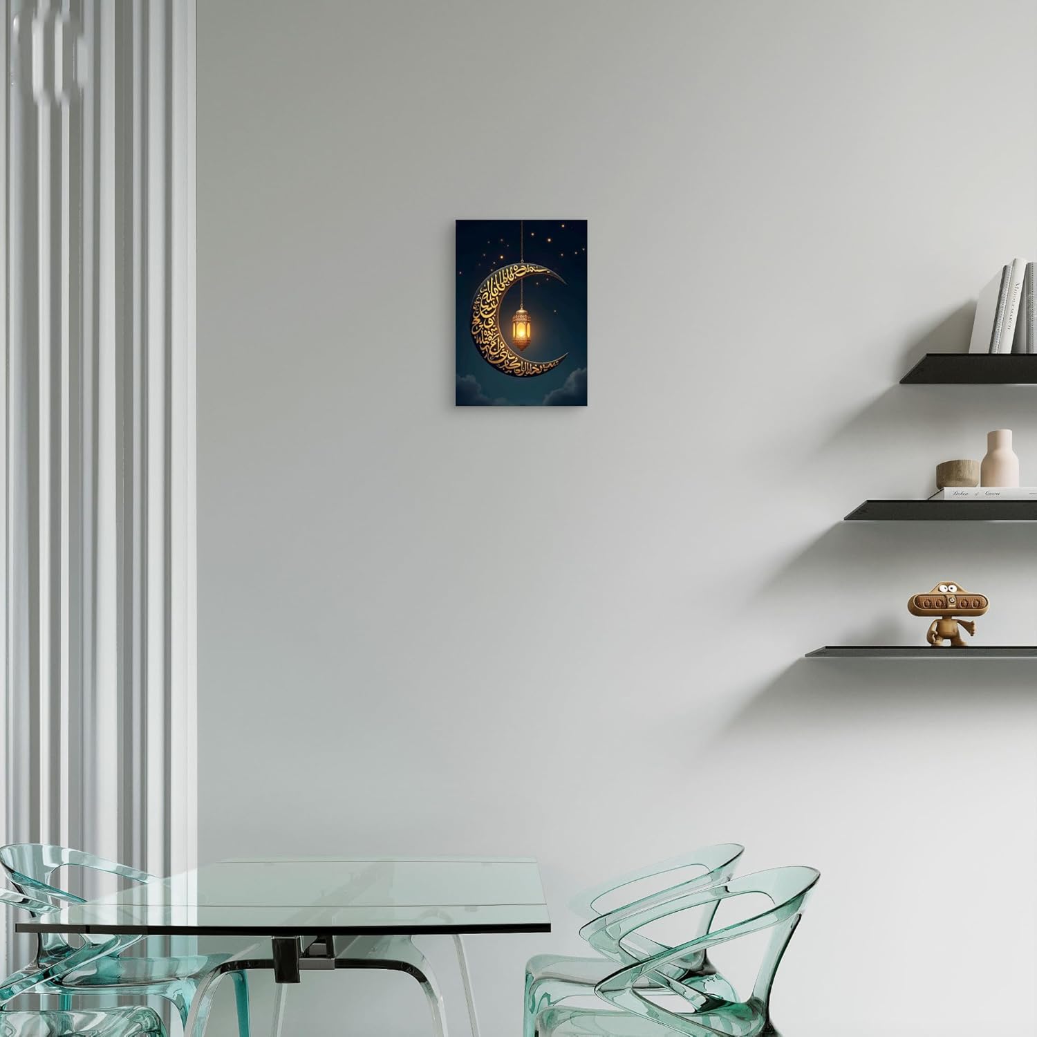 Decorative wall art of a crescent moon with a lantern on a white wall above a glass table.