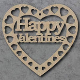 Heart-shaped wooden cutout with 'Happy Valentines' text on a gray background