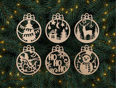 Set of six Christmas-themed wooden ornaments on a decorated tree background