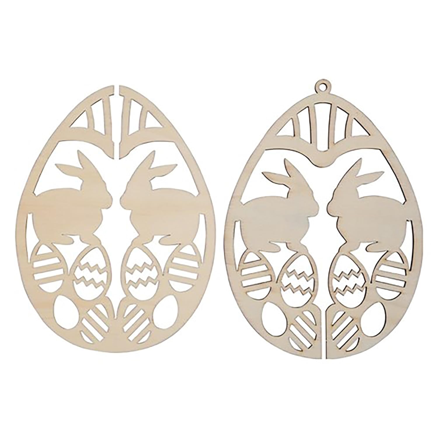 Wooden Easter egg-shaped cutouts with rabbit designs on a white background