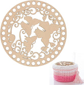 Decorative wooden circle with cut-out design and a pink woven basket on a white background