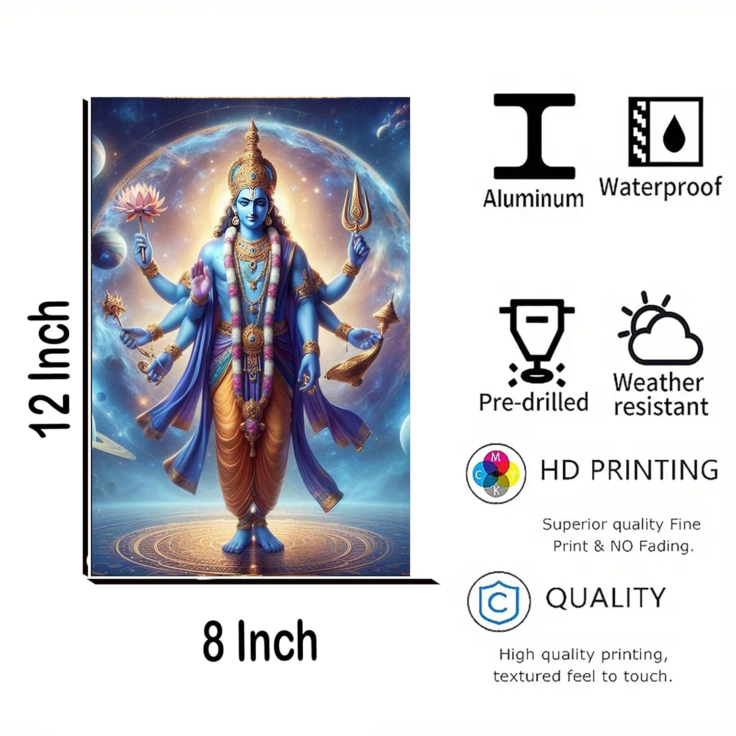Decorative panel with a神像 design, featuring attributes like aluminum, waterproof, pre-drilled, weather-resistant, HD printing, and high quality.