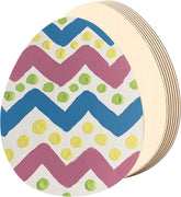 Stack of round paper plates with colorful zigzag and polka dot pattern