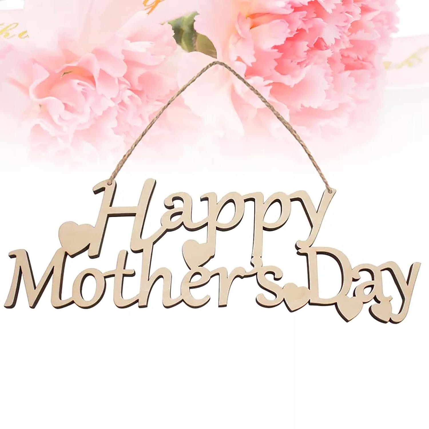 Wooden 'Happy Mother's Day' sign with pink floral background