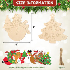 Wooden Christmas decorations with measurements and size information on a beige background.