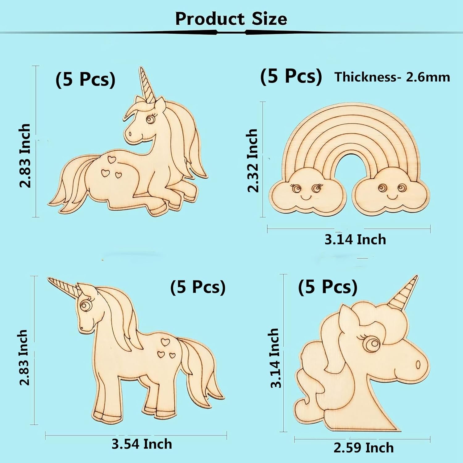 Wooden unicorn and rainbow shapes with measurements on a blue background