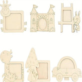 Set of wooden photo frames shaped like a giraffe, castle, rabbit, dinosaur, tree, and car on a white background.
