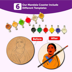 Mandala coaster set with color swatches and 'Before' and 'After' examples on a white background.