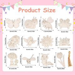 American Elm 24 PCS Unfinished Wood Cutouts Ornaments for Crafts 12 Styles Butterfly Flower Bee Bird Wooden Cutouts for Kids DIY Paint Hanging Decor for Home School Party Decorations (2 Style Each)