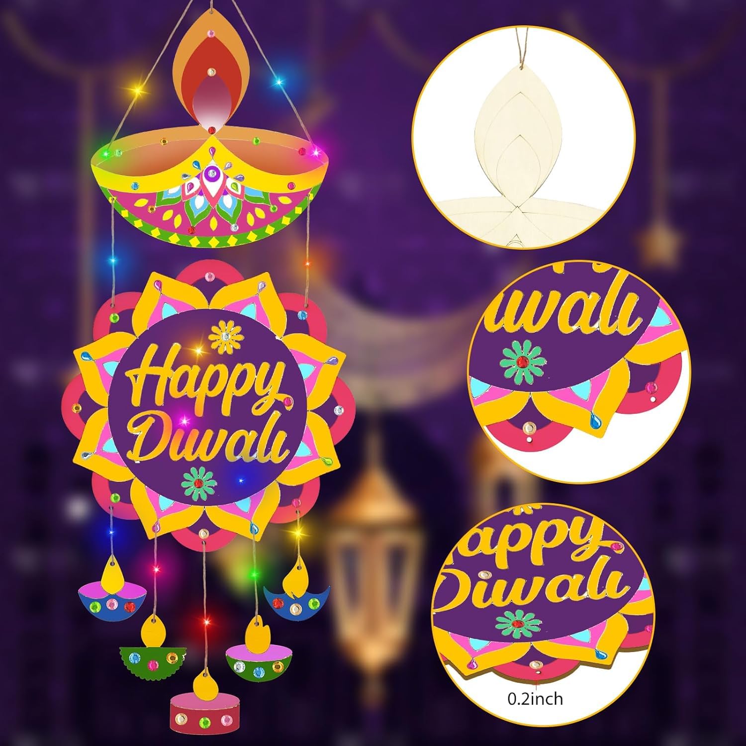 Decorative hanging with 'Happy Diwali' text and colorful design on a dark background